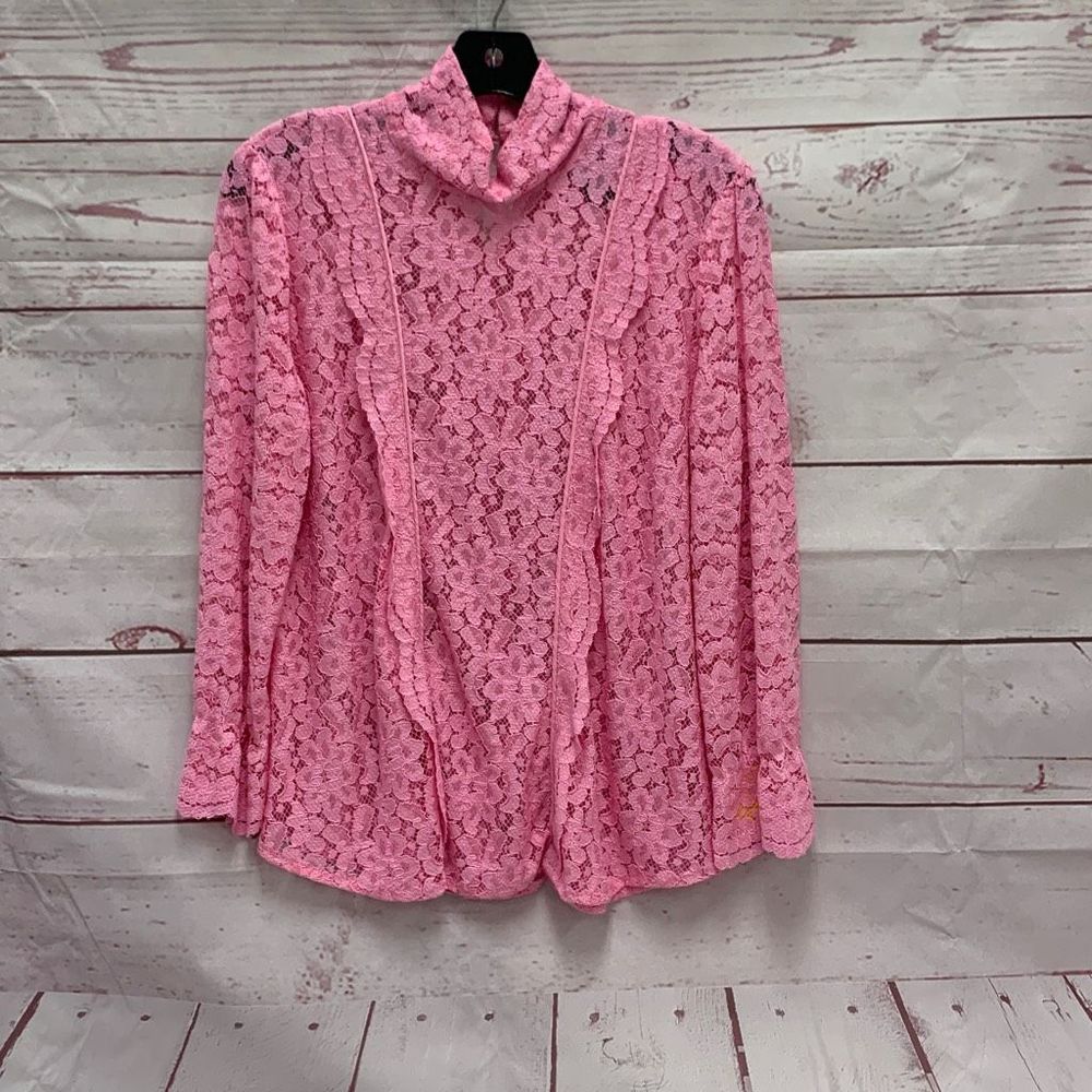 Smythe Pink Scalloped Lace Top Blouse Size Medium Buttoned Cowl Neck Designer